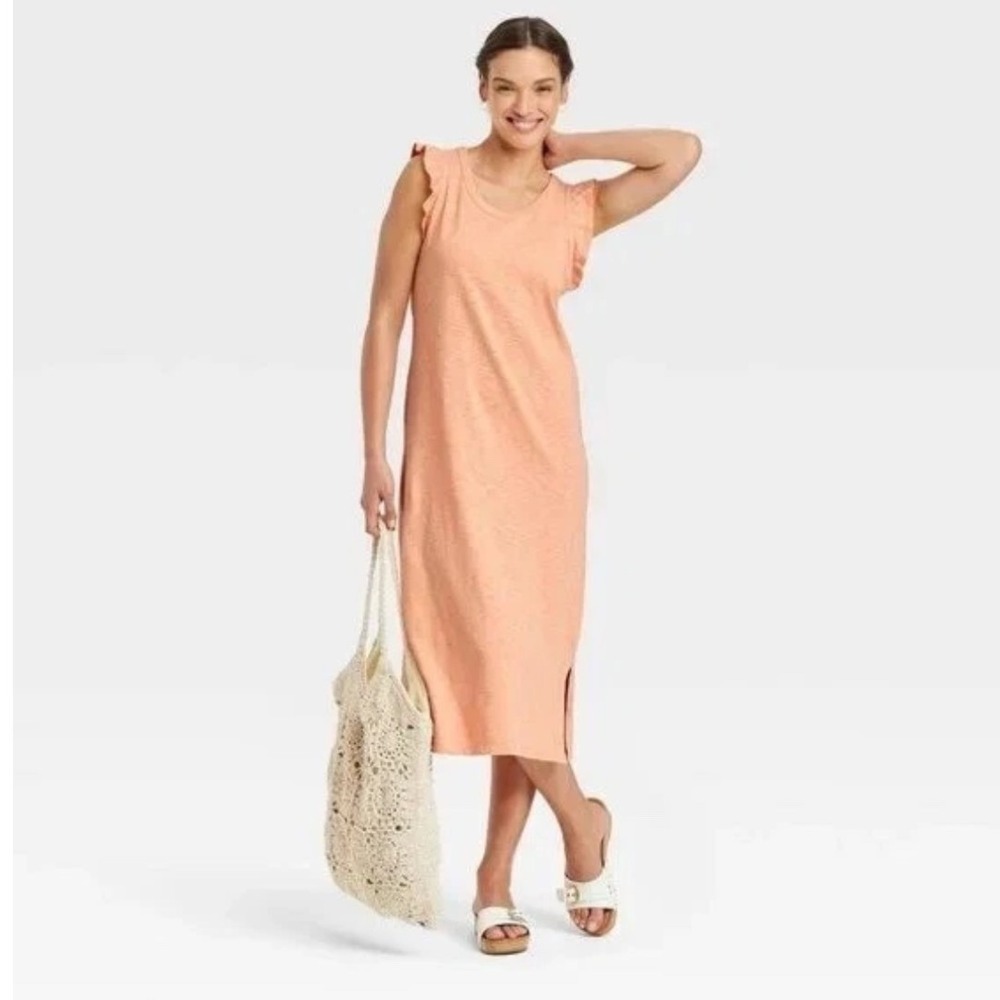 Universal Thread Peach Ruffle Sleeve Slub Knit Midi Dress Small Cottagecore Boho
